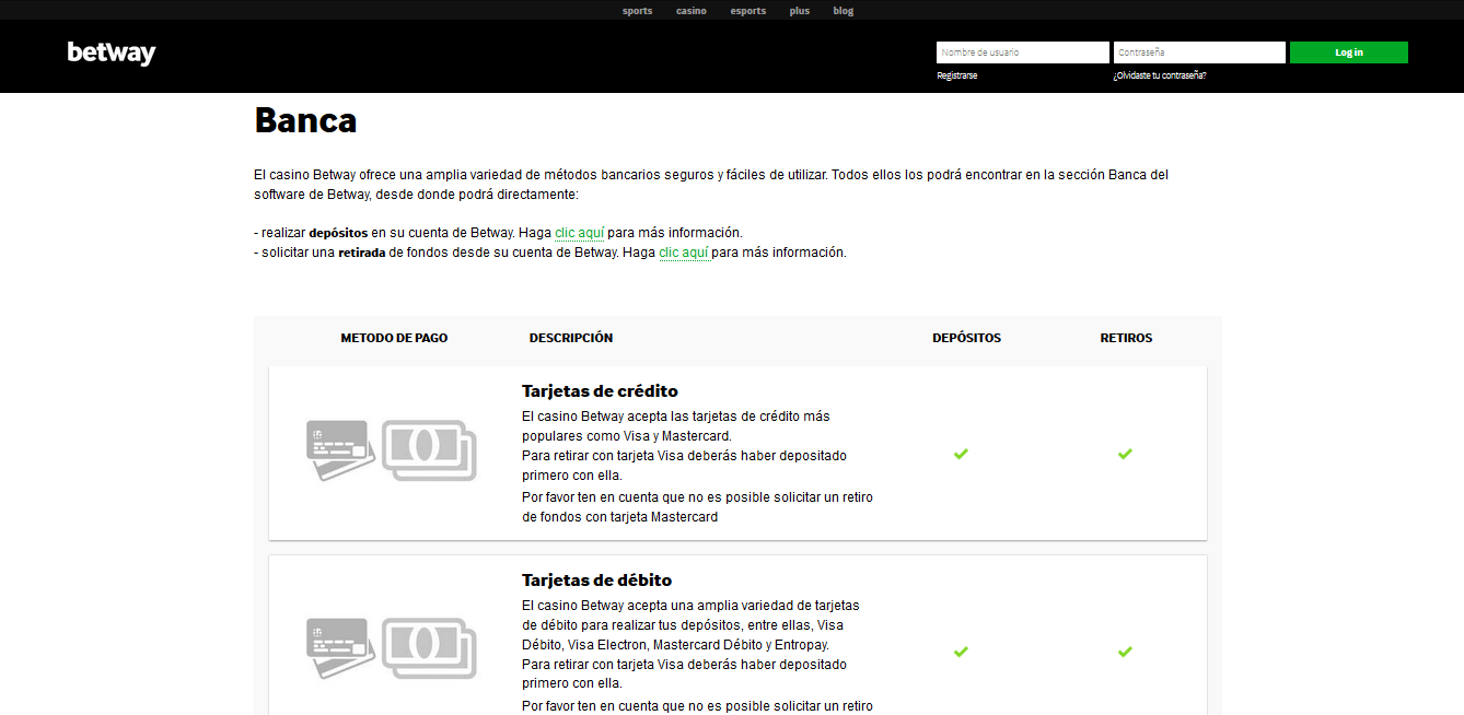 Métodos de Pago en Betway